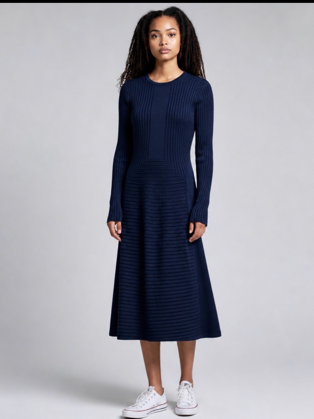 H&M Long Rib-Knit Crewneck Maxi Dress in Navy Blue, Size M